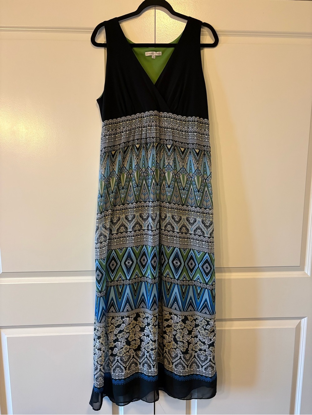 Sandra Darren Black Bodice Blue & Green Geometric Maxi Dress